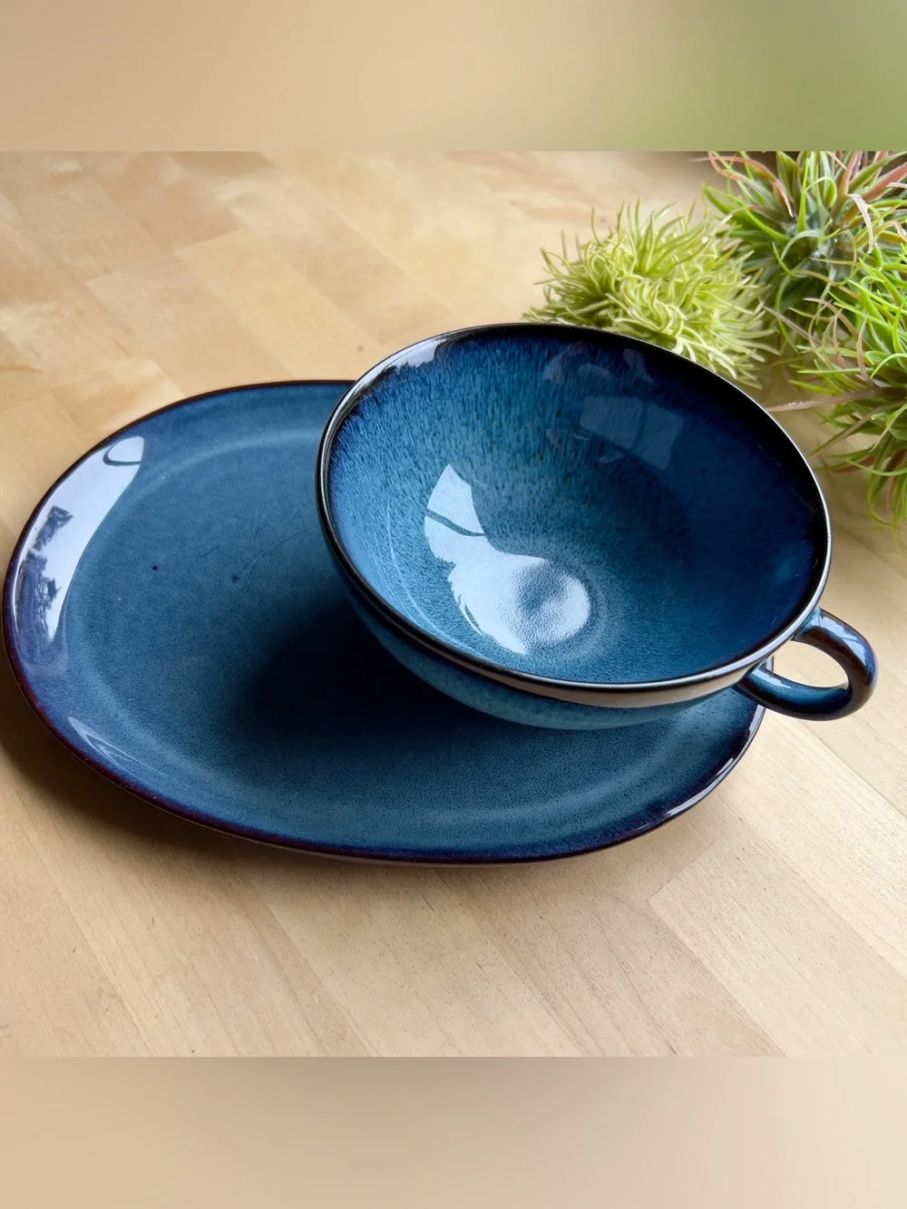 IKEA Gladilig Blue Black Trim Stoneware Glazed Finish BowlCup and Plate Tray Set